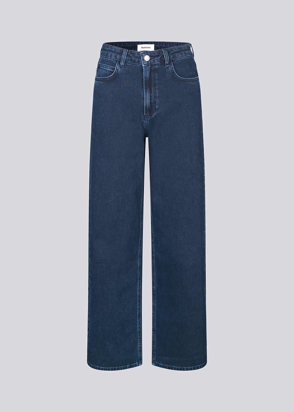 Classic jeans with wide legs and metal studs on the sides. LuccaMD jeans has a zipper, side pockets and two back pockets