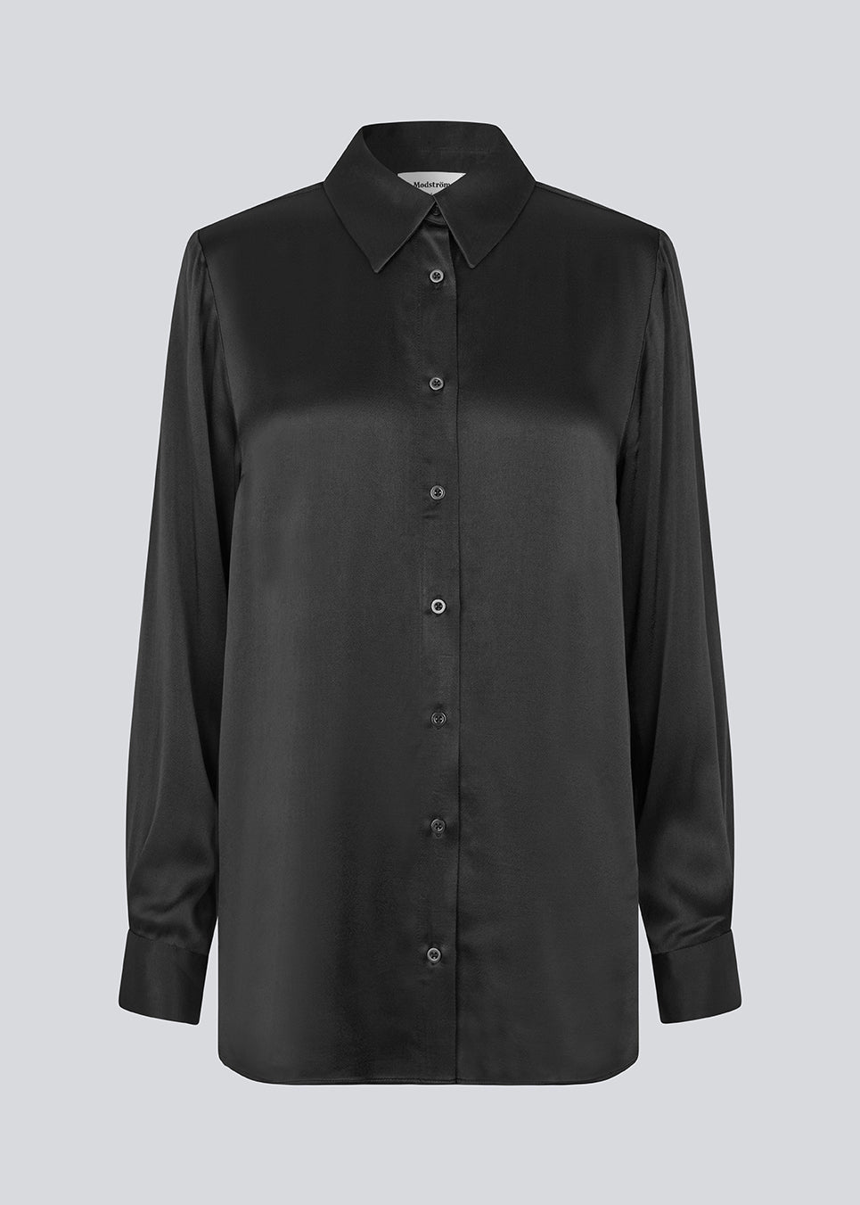 Black long sleeveless shirt in satin. LucillaMD long dress has a v-neck and a scarf at the neck.