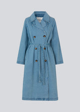 Oversized double-breasted trench coat in denim. MadelineMD denim jacket has dropped shoulders, long wide sleeves and a tieband at the waist.