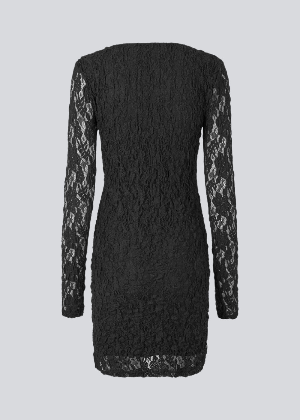 Short fitted dress in an elastic lace material. MalmunMD dress has an asymmetric neckline with an opening with button closure.