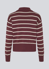 Soft knitted polo in plain jersey knit in burgundy/dark red with white stripes. MalvaMD stripe polo has a collar and a buttonclosure in front. The knit is small and slightly cropped.