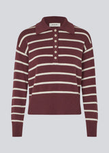 Soft knitted polo in plain jersey knit in burgundy/dark red with white stripes. MalvaMD stripe polo has a collar and a buttonclosure in front. The knit is small and slightly cropped.