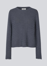 Crochet top in dark blue in organic cotton. MieMD o-neck has detailed trimmings and long wide sleeves.