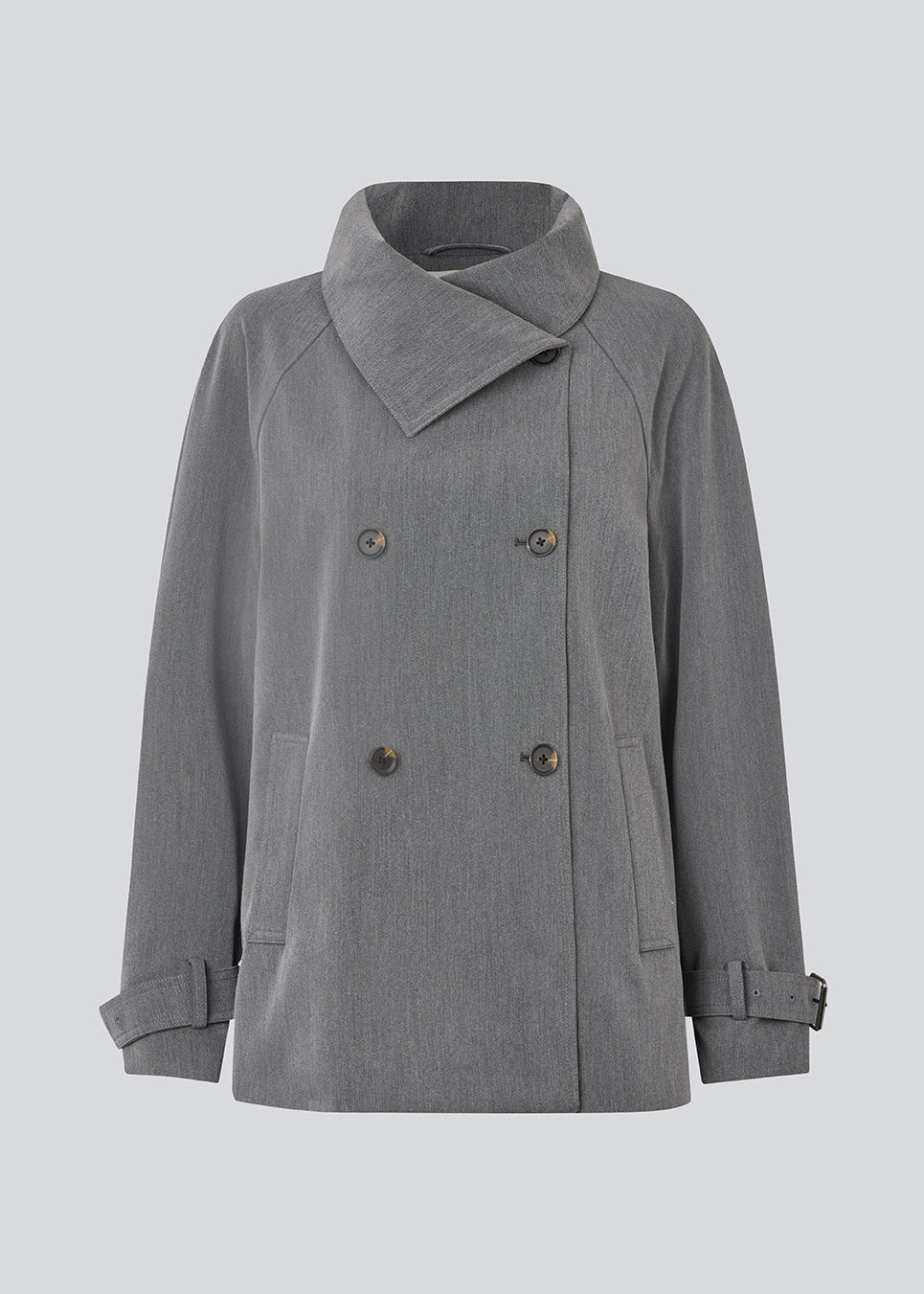Loose double breasted jacket with button closure. MorganMD jacket has a high neck and wide sleeves with adjustable straps.
