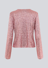 Pink cardigan with long sleeves with sequins. MulanMD cardigan has wide sleeves, is slightly cropped, and has two tiebands.
