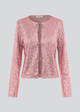 Pink cardigan with long sleeves with sequins. MulanMD cardigan has wide sleeves, is slightly cropped, and has two tiebands.