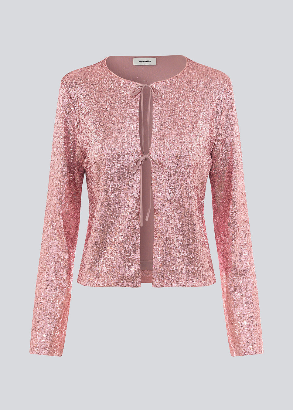 Pink cardigan with long sleeves with sequins. MulanMD cardigan has wide sleeves, is slightly cropped, and has two tiebands.