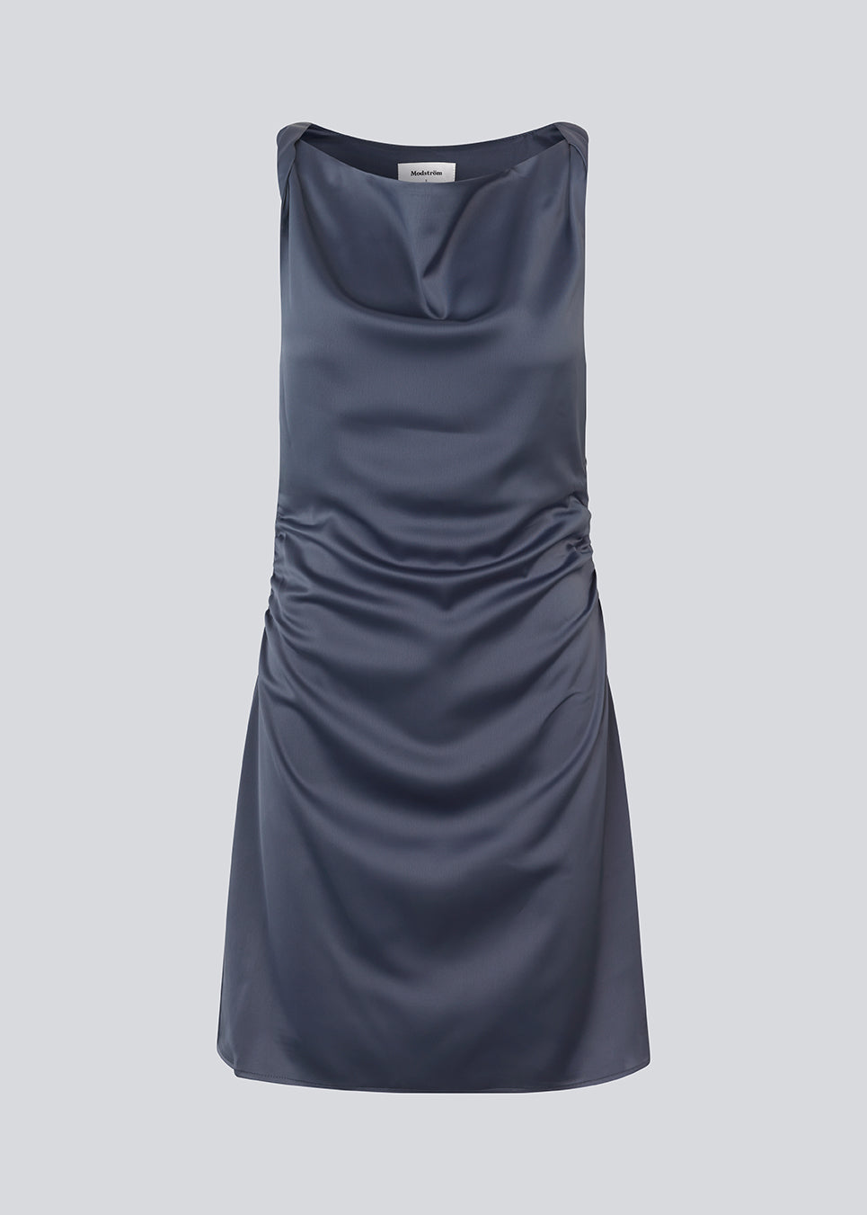 Short dress i dark blue with a waterfall detail in front. MylaMD dress is made of satin and has an invisible zipper on the side.