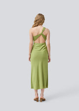 Maxi one-shoulder dress in satin. NarcissaMD dress has an open back detail and an invisible zipper in the side.