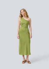 Maxi one-shoulder dress in satin. NarcissaMD dress has an open back detail and an invisible zipper in the side.