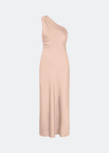 Maxi one shoulder dress in satin. NarcissaMD dress has an open back with beautiful details and an invisible zipper in the side.