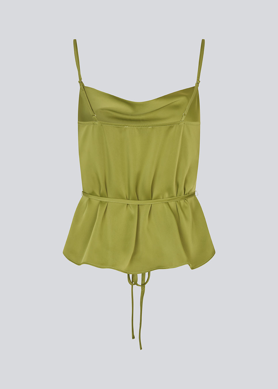 Loose top with thin adjustable straps in satin. NarcissaMD strap top has a thin tieband in the waist and a waterfall detail at front.