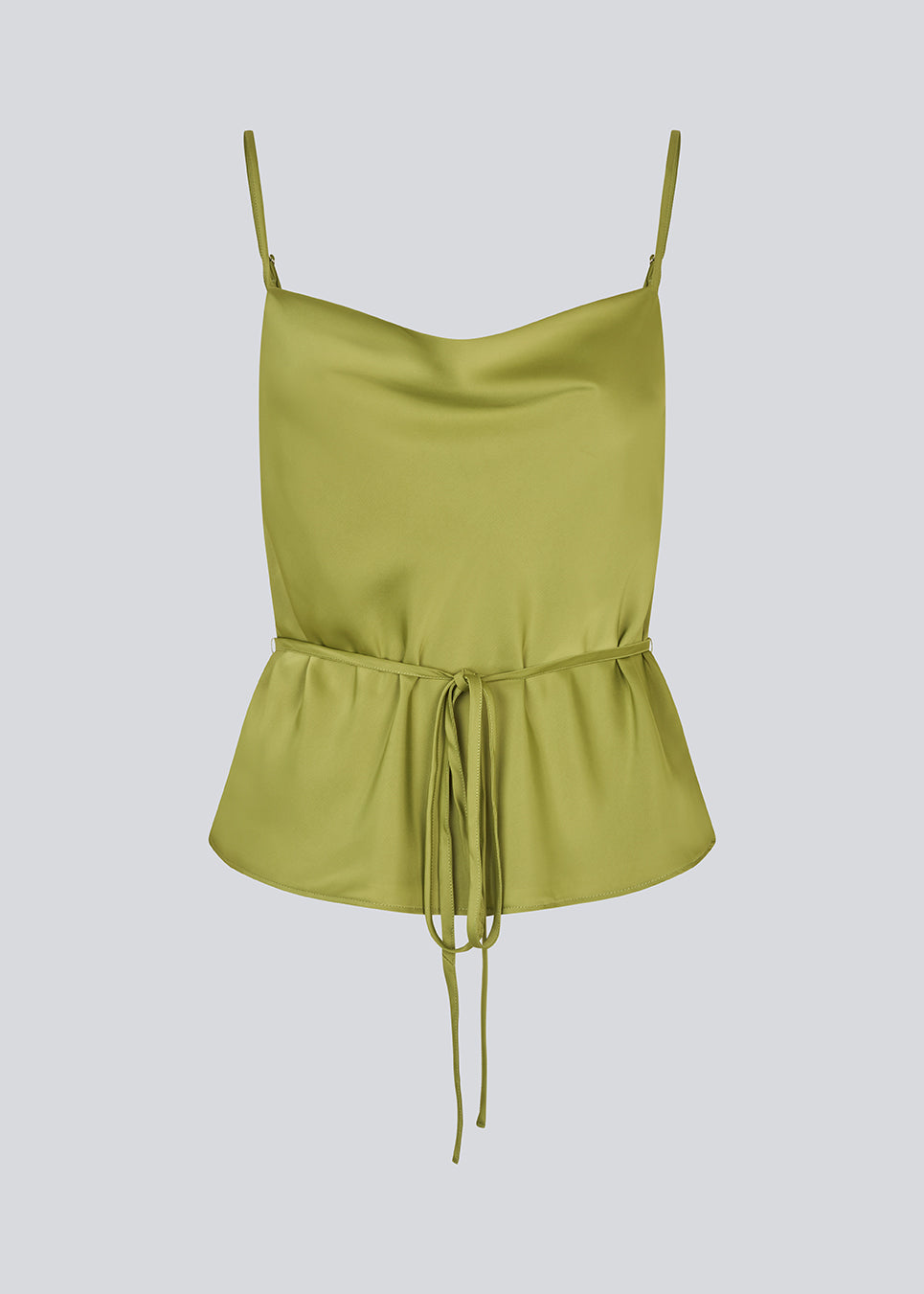 Loose top with thin adjustable straps in satin. NarcissaMD strap top has a thin tieband in the waist and a waterfall detail at front.