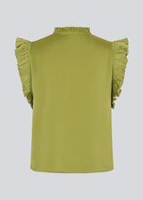 Sleeveless top in green with frill details and a loose fit. NarcissaMD top has frills at the sleeves and neckline, and an opening in front with a tieband closure.