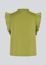 Sleeveless top in green with frill details and a loose fit. NarcissaMD top has frills at the sleeves and neckline, and an opening in front with a tieband closure.