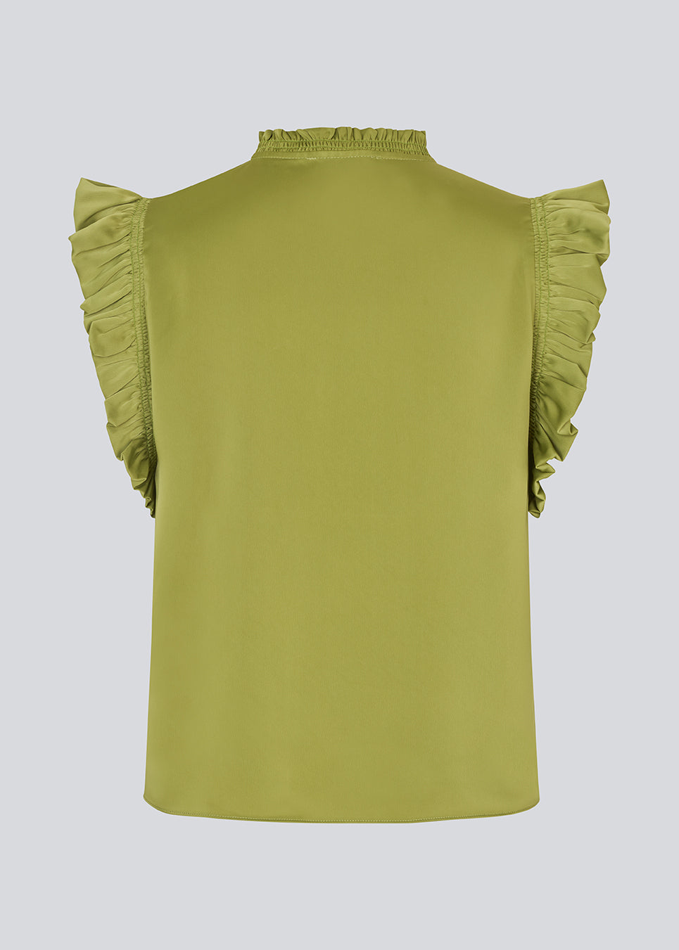 Sleeveless top in green with frill details and a loose fit. NarcissaMD top has frills at the sleeves and neckline, and an opening in front with a tieband closure.
