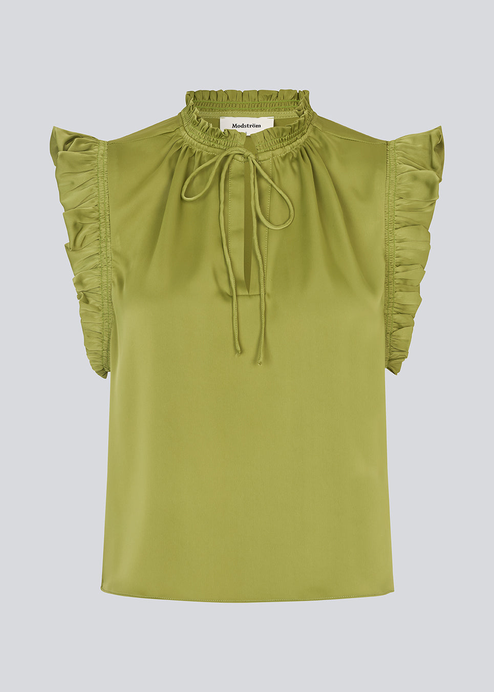Sleeveless top in green with frill details and a loose fit. NarcissaMD top has frills at the sleeves and neckline, and an opening in front with a tieband closure.