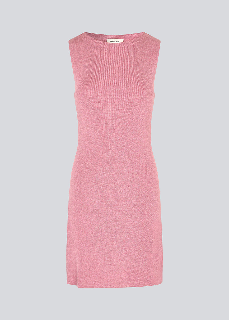 Short pink fitted dress in shimmery knit. NavalMD dress is sleeveless and has a round neckline.