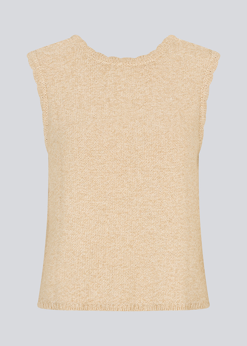 Sleevless knitted top in cotton in beige. NerissaMD top has detailed trimmings and a deep v-neckline in the back.