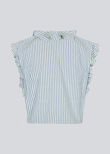 Sleeveless top with frill details and a button closure in front with stripes. NikkoMD top is slightly cropped and has a v-neck.