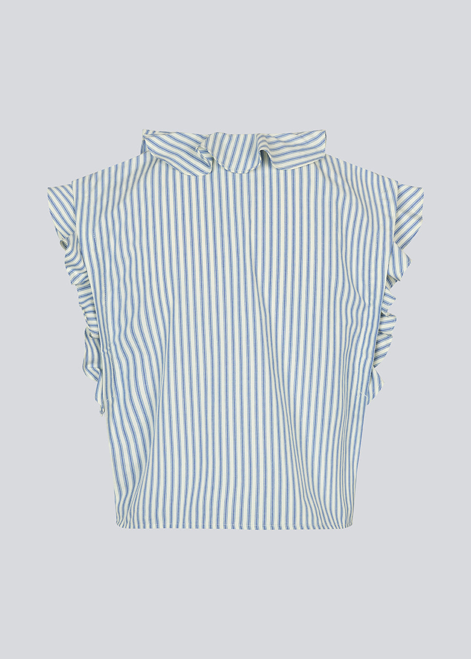 Sleeveless top with frill details and a button closure in front with stripes. NikkoMD top is slightly cropped and has a v-neck.
