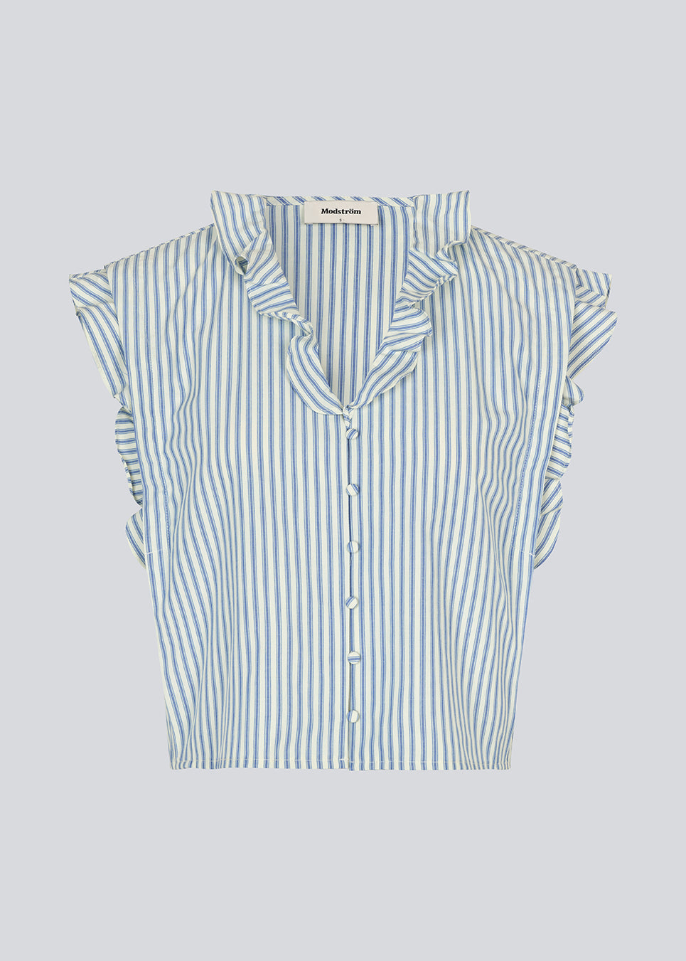 Sleeveless top with frill details and a button closure in front with stripes. NikkoMD top is slightly cropped and has a v-neck.