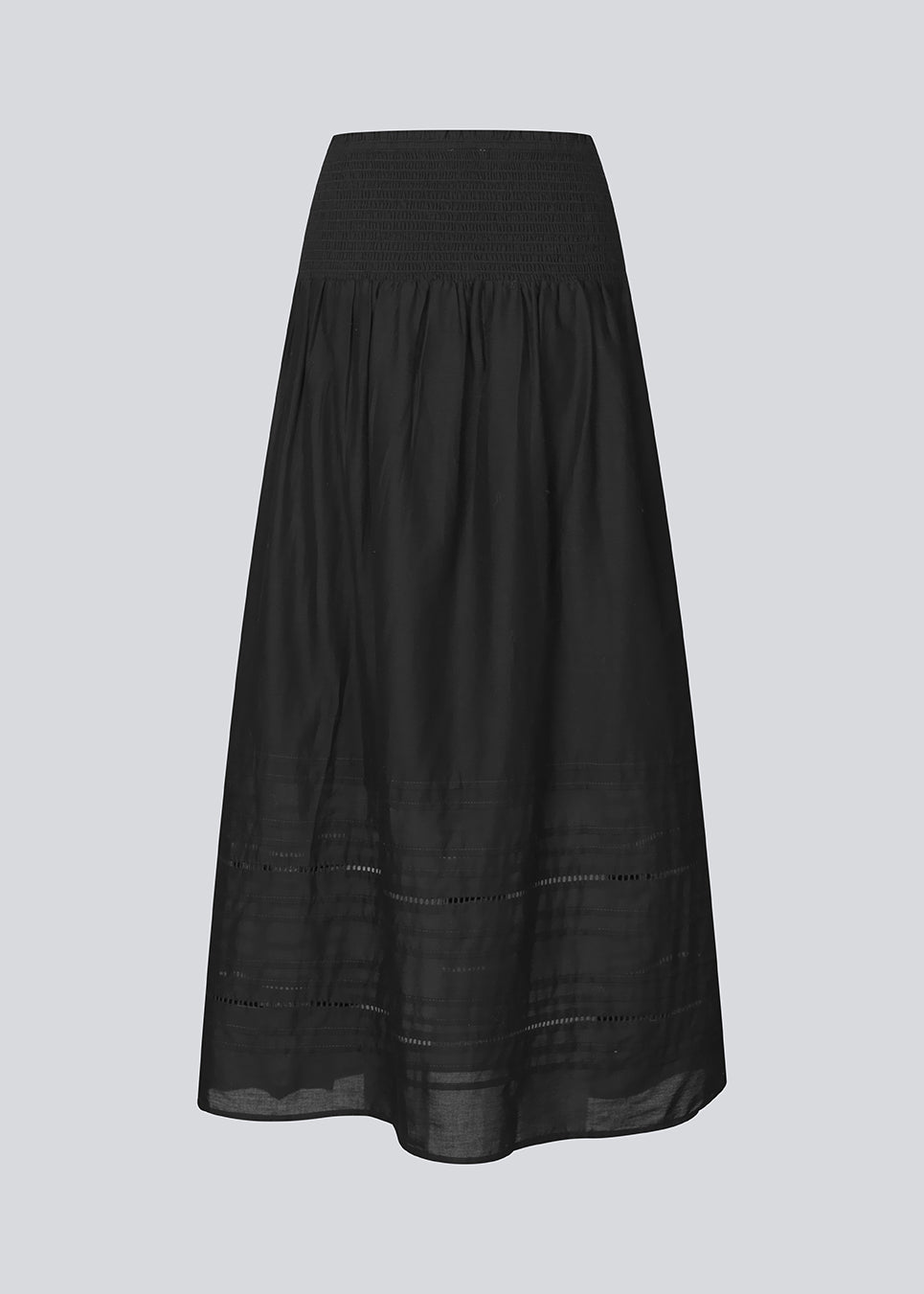 Black maxi skirt in 100% organic cotton. NillaMD long skirt has a loose skirt with pleats and frill details, and an elastic waist with a smock.