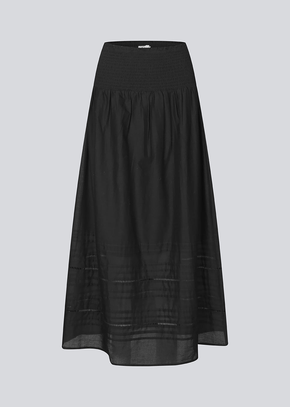 Black maxi skirt in 100% organic cotton. NillaMD long skirt has a loose skirt with pleats and frill details, and an elastic waist with a smock.