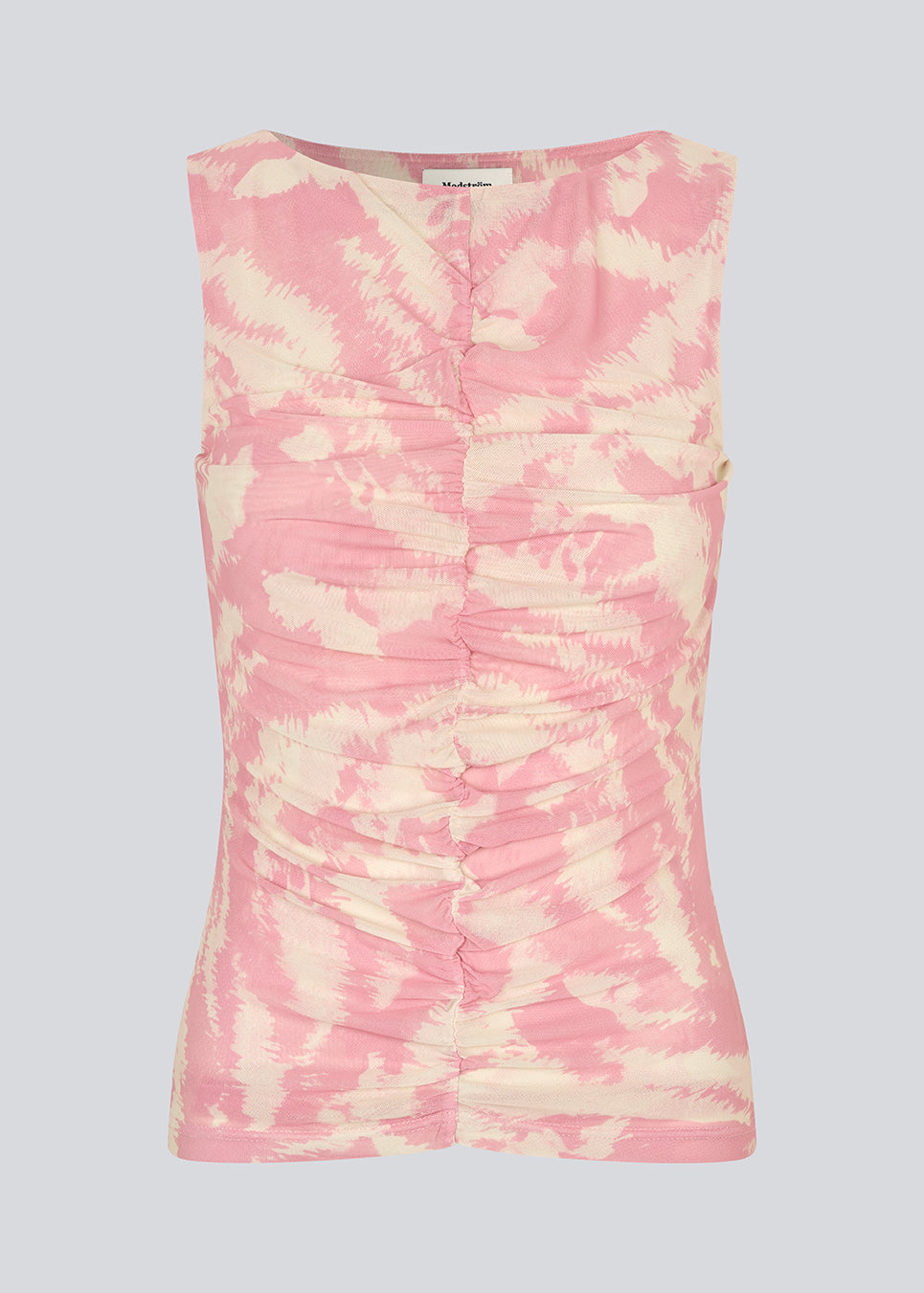 Sleeveless top in an elastic material. NimramD top has a round neck and gatherings in front.