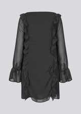 Short black dress with frill details and a loose fit. NorrisMD dress has a v-neck and long, wide sleeves with tiebands.