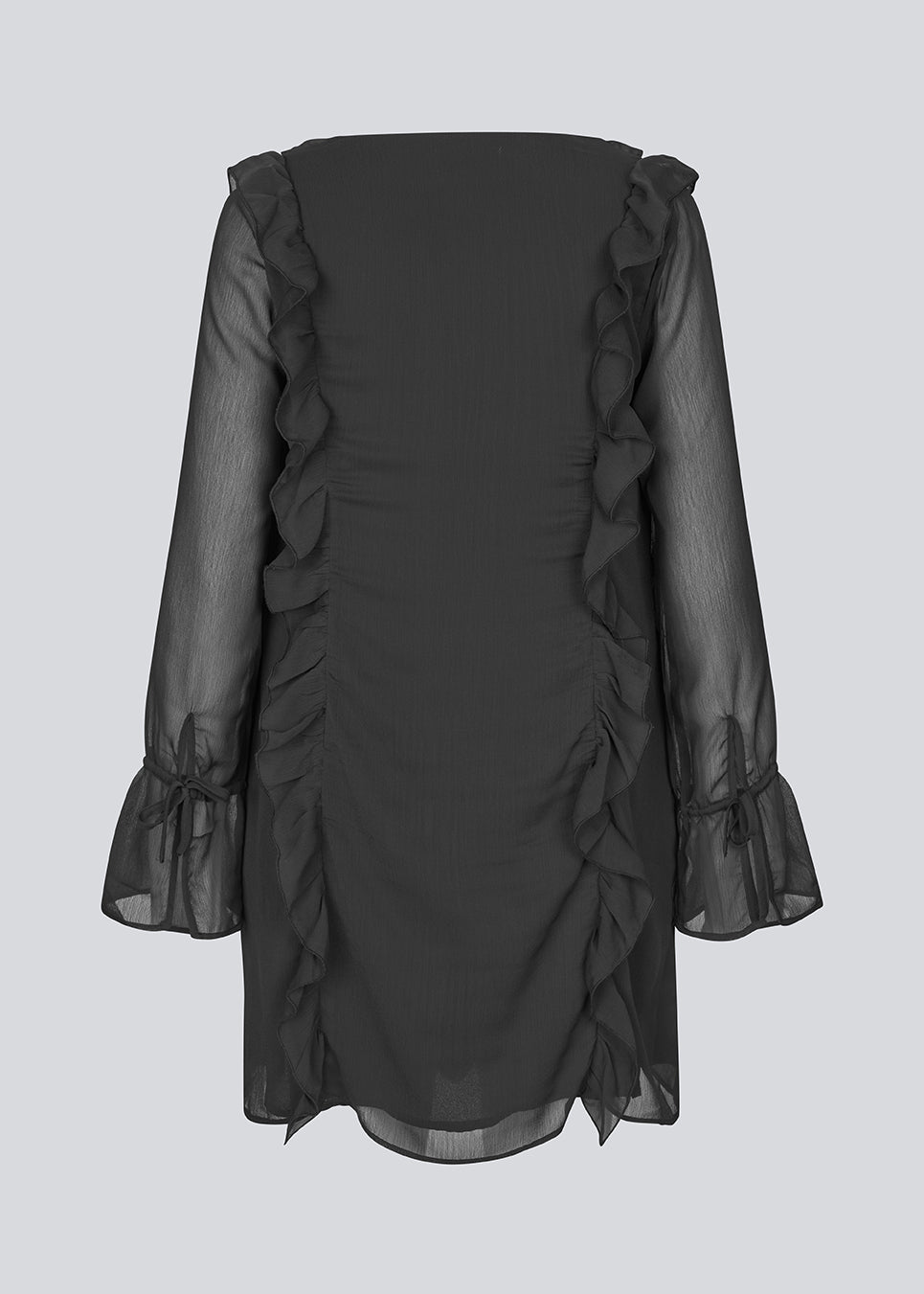 Short black dress with frill details and a loose fit. NorrisMD dress has a v-neck and long, wide sleeves with tiebands.