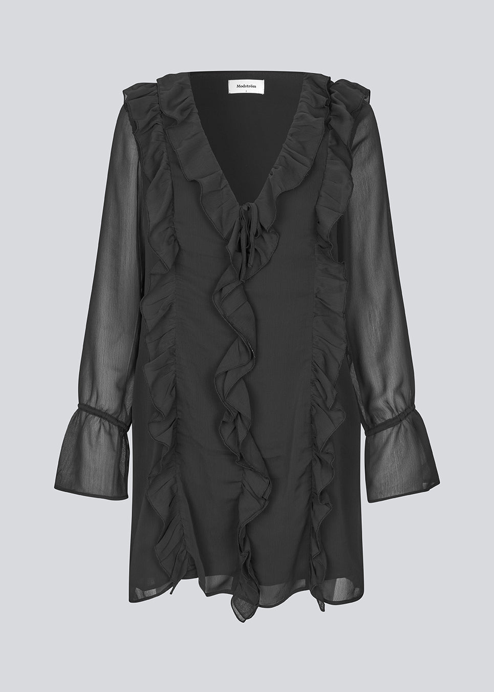 Short black dress with frill details and a loose fit. NorrisMD dress has a v-neck and long, wide sleeves with tiebands.