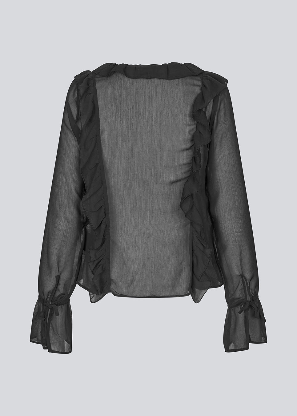 Long-sleeved top in black with a loose fit and frill details. NorrisMD top has a v-neck and wide sleeves with tie bands. The top is slightly seethrough. 