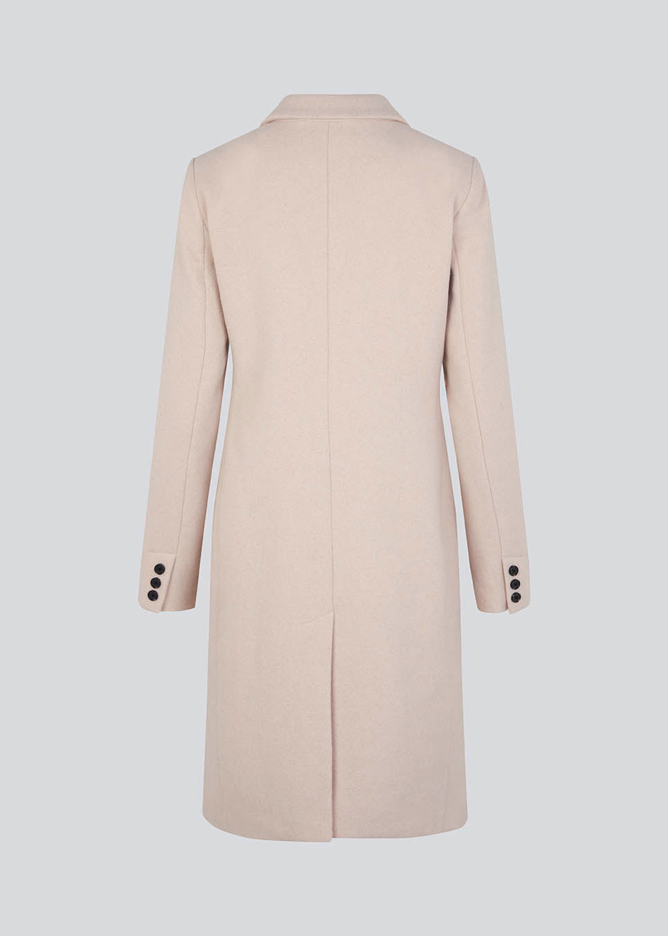 Beautiful, knee-length wool coat. Odelia coat, in season color Summer Sand, is closed at front by 4 buttons and is fitted around the waist, which gives a feminine look. Because of the high content of wool the jacket will be perfect for fall and the mild winters.