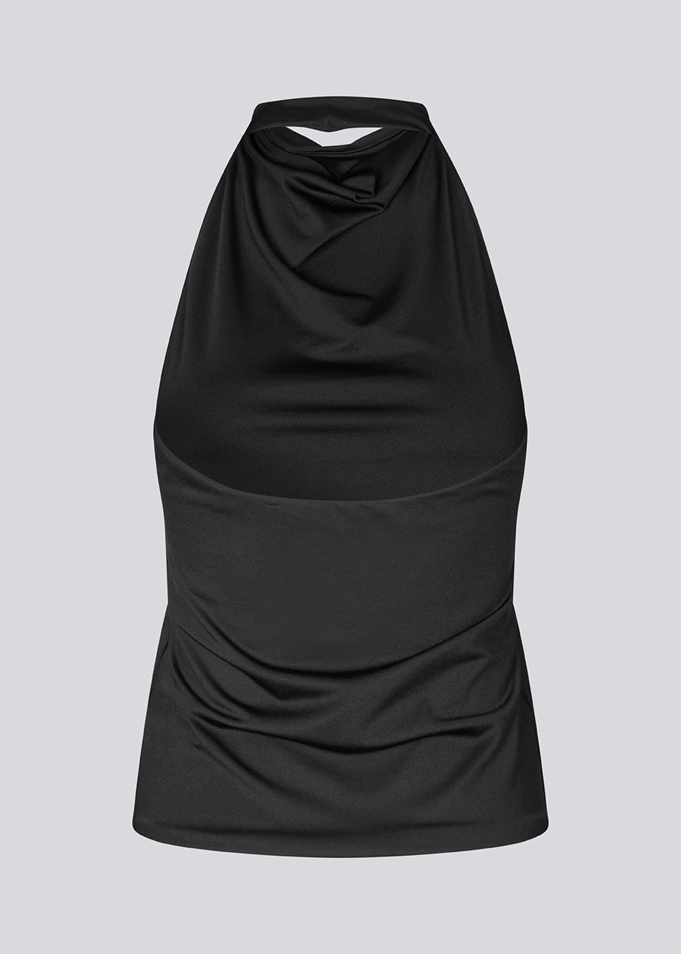 Fitted halterneck top without sleeves. Parissamd top has draped details at the front and an open back.