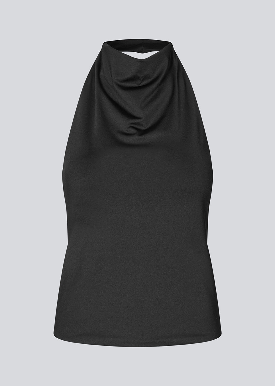 Fitted halterneck top without sleeves. Parissamd top has draped details at the front and an open back.