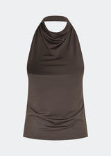 Fitted halterneck top without sleeves. Parissamd top has draped details at the front and an open back. The model is 175 cm and wears a size S/36.