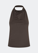 Fitted halterneck top without sleeves. Parissamd top has draped details at the front and an open back. The model is 175 cm and wears a size S/36.