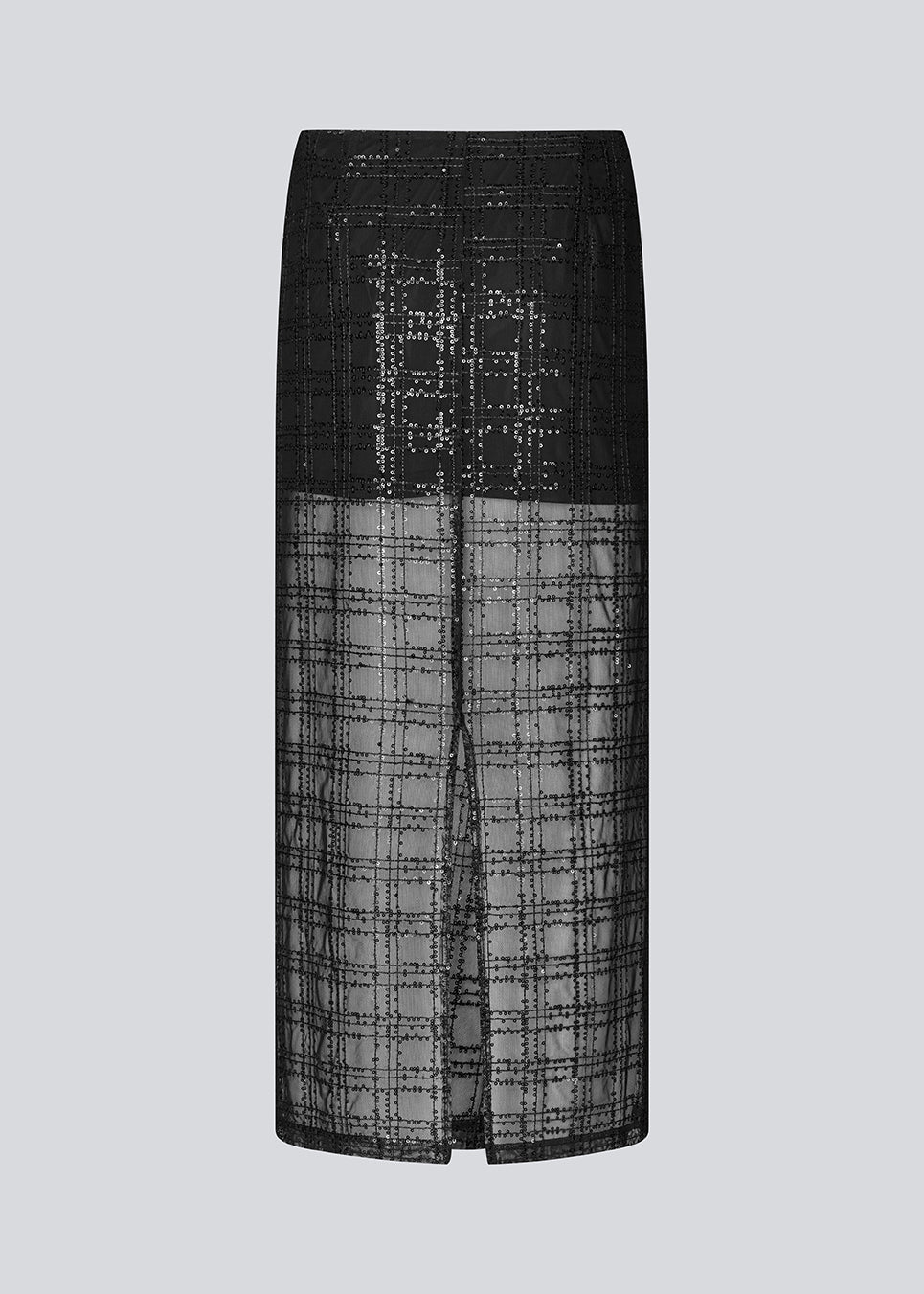 Long skirt in a transparent material with sequins. Pearleenmd long skirt has lining, an invisible side zipper, and a slit.