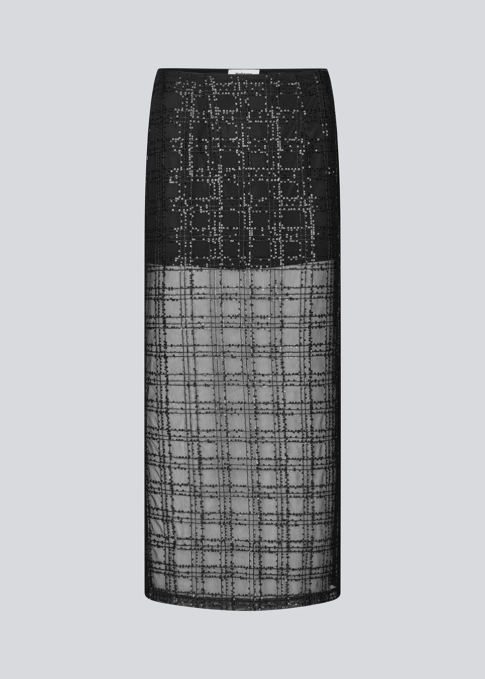 Long skirt in a transparent material with sequins. Pearleenmd long skirt has lining, an invisible side zipper, and a slit.