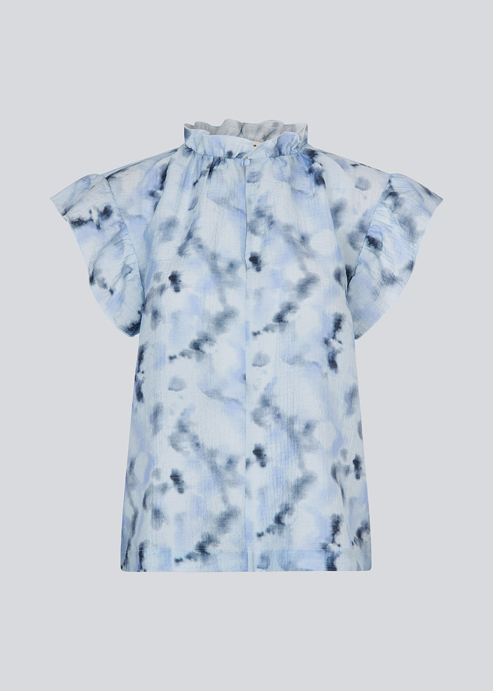 Sleeveless top with ruffled details. Phillipsmd print top has a v-neck with a button closure and ruffles at the neck and sleeves.