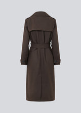 Brown classic, double-breasted wool coat with collar and notch lapels. ShayMD coat, in the color Dark Coffee, has a wide tiebelt at waist, shoulder straps, wide cuffs and open yoke. With lining and single back vent.