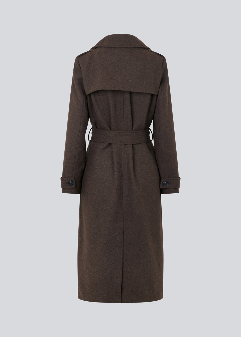 Brown classic, double-breasted wool coat with collar and notch lapels. ShayMD coat, in the color Dark Coffee, has a wide tiebelt at waist, shoulder straps, wide cuffs and open yoke. With lining and single back vent.
