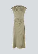 Sleeveless maxi dress light green with pleats on the side. TailorMD dress is made in satin and has a high neck, an invisible zipper in the back, and a slit in the side seam. 