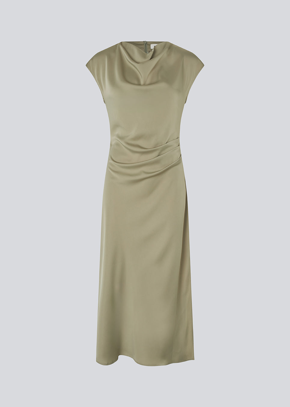 Sleeveless maxi dress light green with pleats on the side. TailorMD dress is made in satin and has a high neck, an invisible zipper in the back, and a slit in the side seam. 