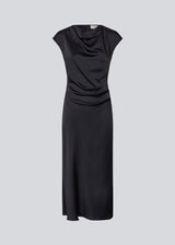 Dark blue Sleeveless maxi dress with pleats in the side. TailorMD dress is made in satin and has a high neck, invisible zipper in the back and a slit in the side seam.