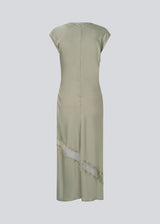 Long sleeveless satin dress with ruched detailing. The TailorMD Lace Dress features lace accents, a high neckline, an invisible back zipper, and a side slit.