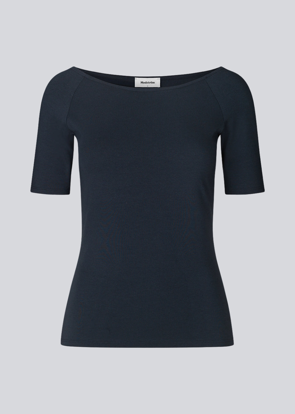 Tansy top in navy noir has a simple look with a wide neckline at front and back and narrow sleeves. The top is slim fit without being tight.