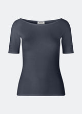 Tansy top has a simple look with a wide neckline at front and back and narrow sleeves. The top is slim fit without being tight.