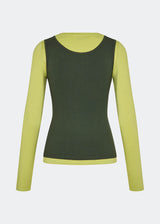 Modern layering long-sleeved blouse/top. ThaliaMD LS T-shirt is designed with a refined double-layer look that adds depth and a modern expression. The soft, stretchy fabric and fitted silhouette make it ideal both on its own and as a stylish layering piece in a fashion-conscious wardrobe. Colors are lime green and army green.